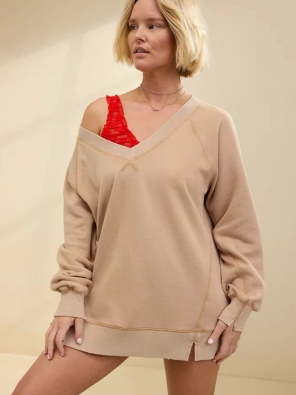 aerie Beige Tan V‑Neck Oversized Sweater Large